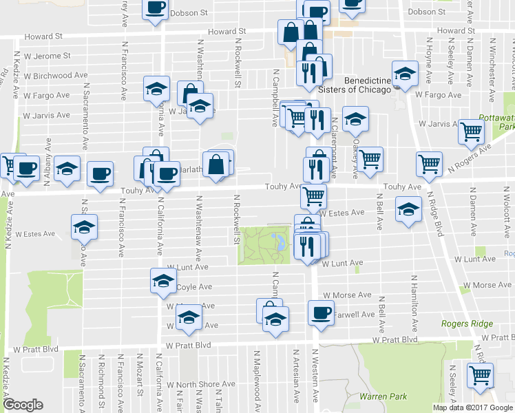 map of restaurants, bars, coffee shops, grocery stores, and more near 2501 West Touhy Avenue in Chicago