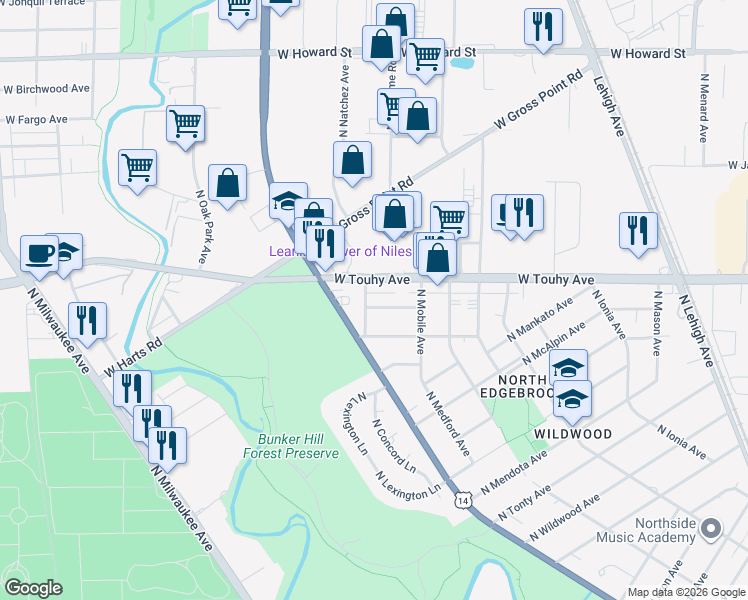 map of restaurants, bars, coffee shops, grocery stores, and more near 6343 West Touhy Avenue in Chicago
