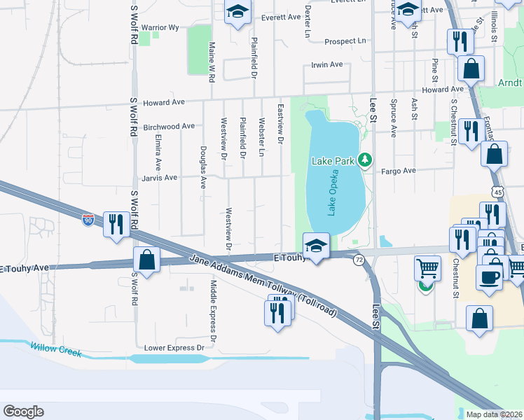 map of restaurants, bars, coffee shops, grocery stores, and more near 2235 Webster Lane in Des Plaines