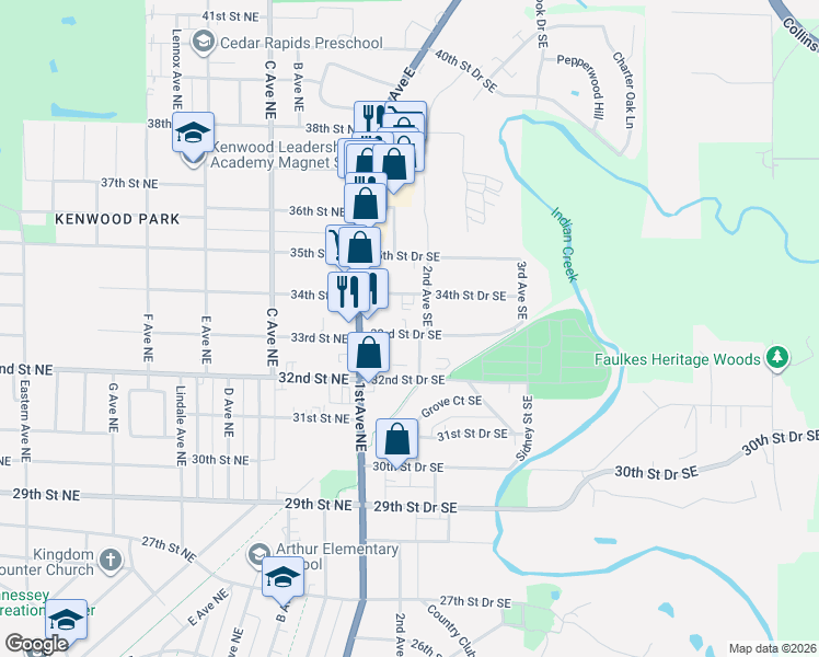 map of restaurants, bars, coffee shops, grocery stores, and more near 135 34th Street Drive Southeast in Cedar Rapids