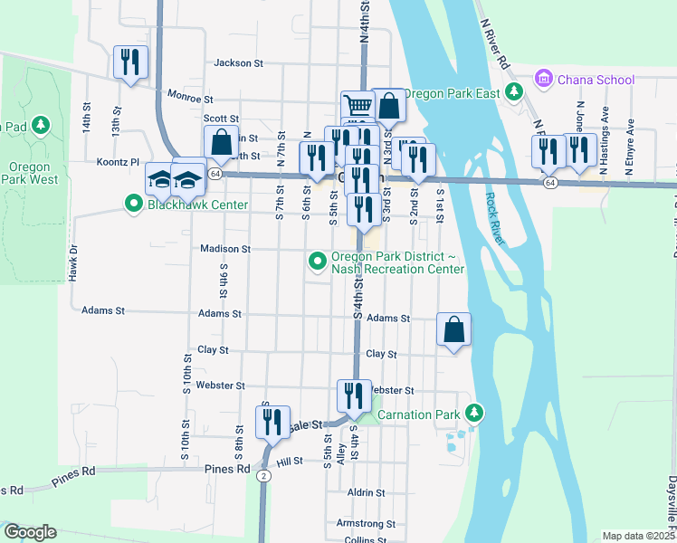 map of restaurants, bars, coffee shops, grocery stores, and more near 500 Madison Street in Oregon