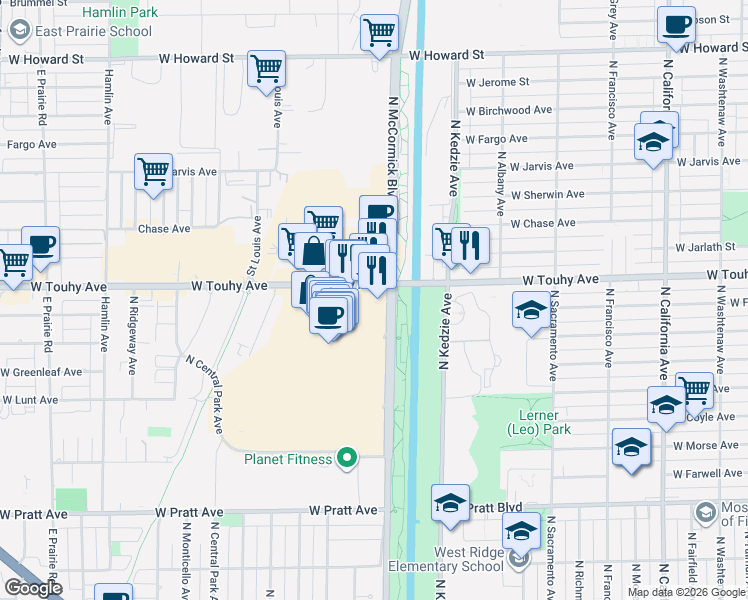 map of restaurants, bars, coffee shops, grocery stores, and more near 3333 West Touhy Avenue in Lincolnwood