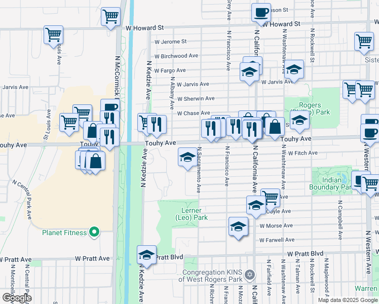 map of restaurants, bars, coffee shops, grocery stores, and more near 3003 West Touhy Avenue in Chicago