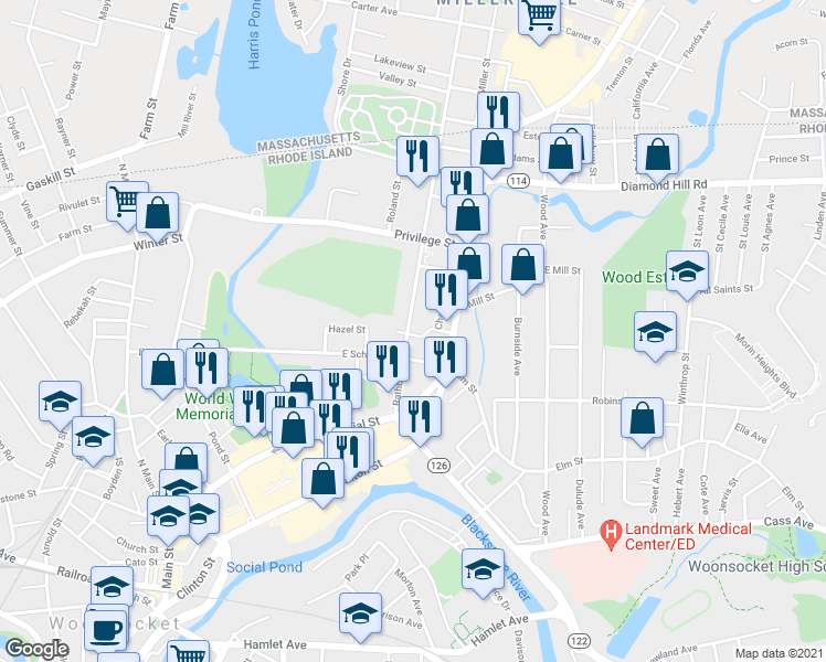 map of restaurants, bars, coffee shops, grocery stores, and more near 183 Rathbun Street in Woonsocket