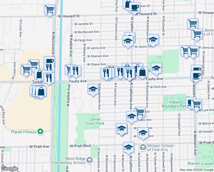 map of restaurants, bars, coffee shops, grocery stores, and more near 2941A West Touhy Avenue in Chicago