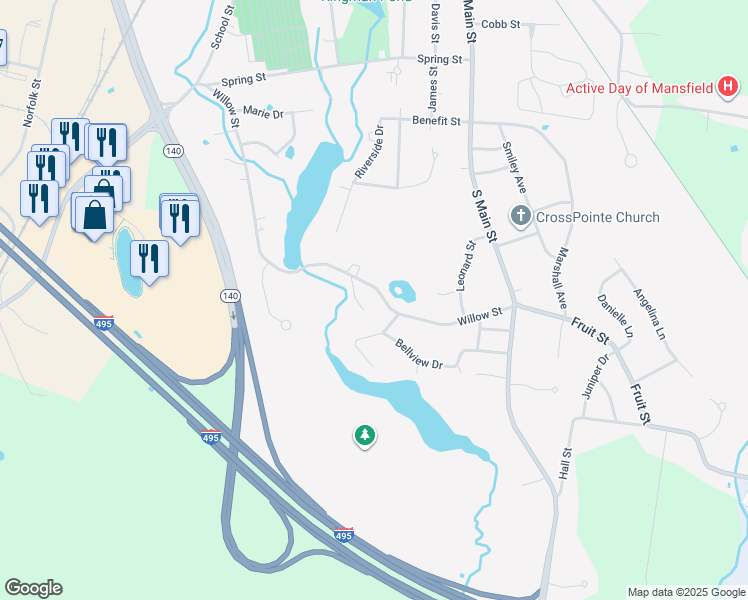map of restaurants, bars, coffee shops, grocery stores, and more near 266 Willow Street in Mansfield