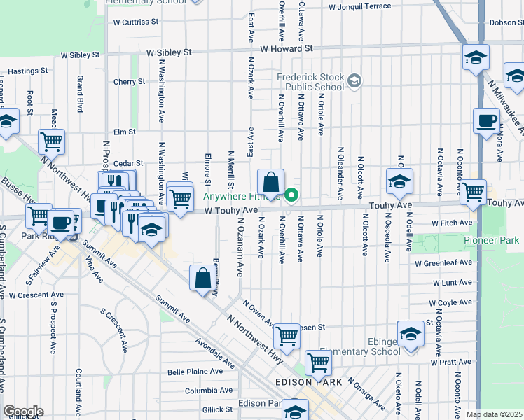 map of restaurants, bars, coffee shops, grocery stores, and more near 11601 West Touhy Avenue in Chicago