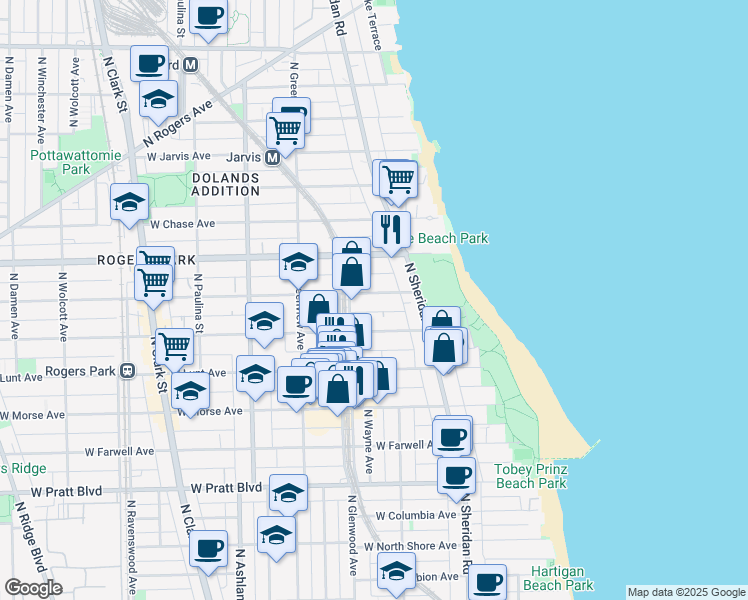 map of restaurants, bars, coffee shops, grocery stores, and more near 1329 West Touhy Avenue in Chicago