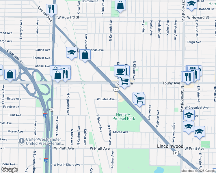 map of restaurants, bars, coffee shops, grocery stores, and more near in Lincolnwood