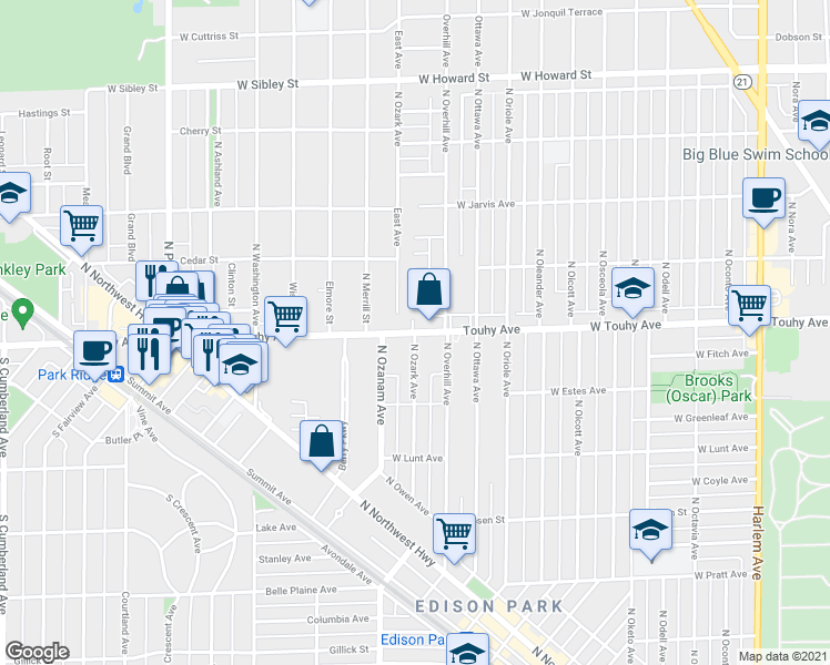 map of restaurants, bars, coffee shops, grocery stores, and more near 11601 West Touhy Avenue in Chicago