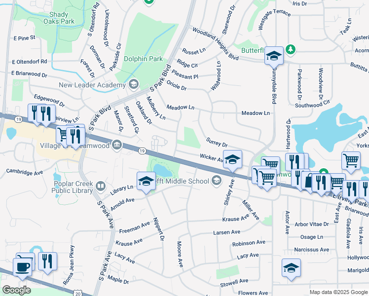 map of restaurants, bars, coffee shops, grocery stores, and more near 1009 Vine Street in Streamwood