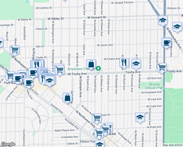 map of restaurants, bars, coffee shops, grocery stores, and more near 13295 West Touhy Avenue in Chicago