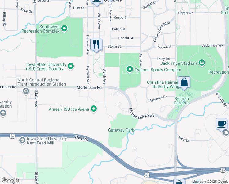 map of restaurants, bars, coffee shops, grocery stores, and more near 2400 Mortensen Road in Ames