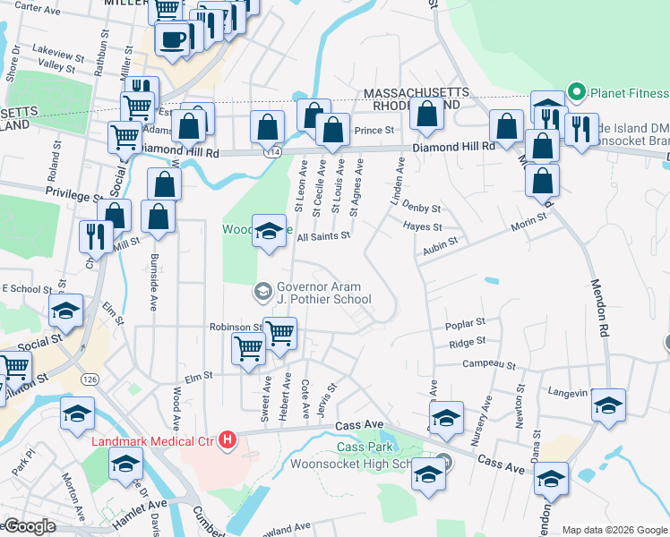 map of restaurants, bars, coffee shops, grocery stores, and more near 121 All Saints Street in Woonsocket