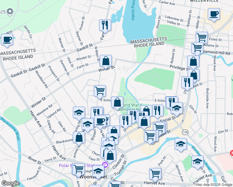 map of restaurants, bars, coffee shops, grocery stores, and more near 18 Laundry Street in Woonsocket