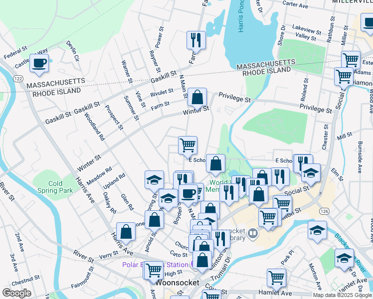 map of restaurants, bars, coffee shops, grocery stores, and more near 469 North Main Street in Woonsocket