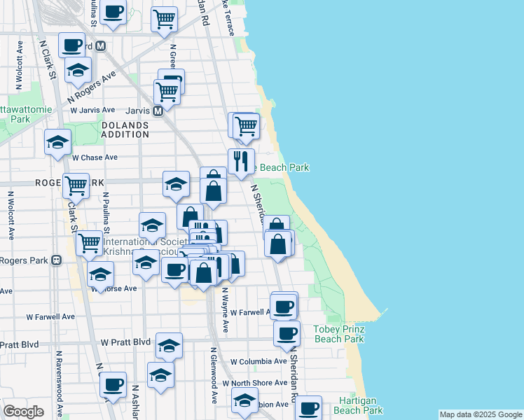 map of restaurants, bars, coffee shops, grocery stores, and more near 7098 North Sheridan Road in Chicago