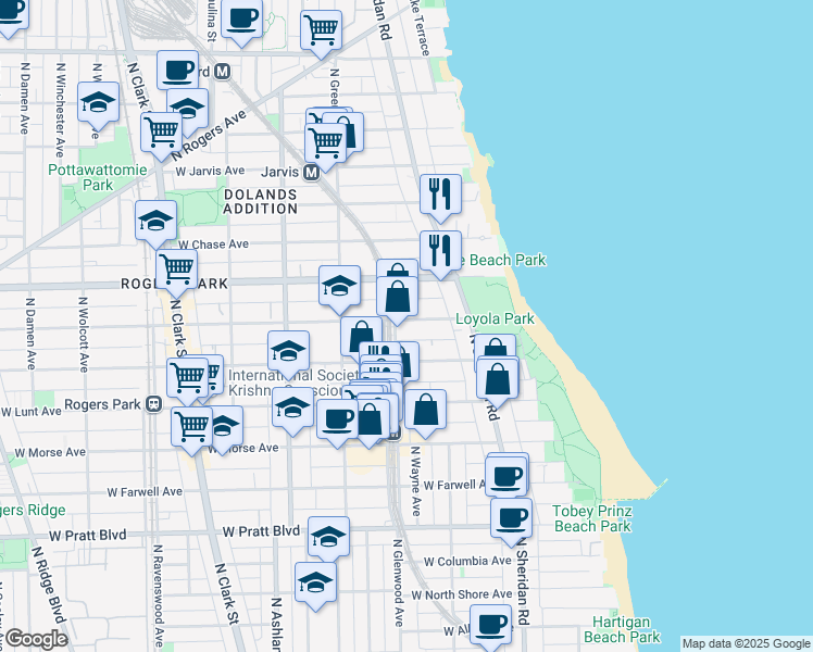map of restaurants, bars, coffee shops, grocery stores, and more near 7107 North Glenwood Avenue in Chicago
