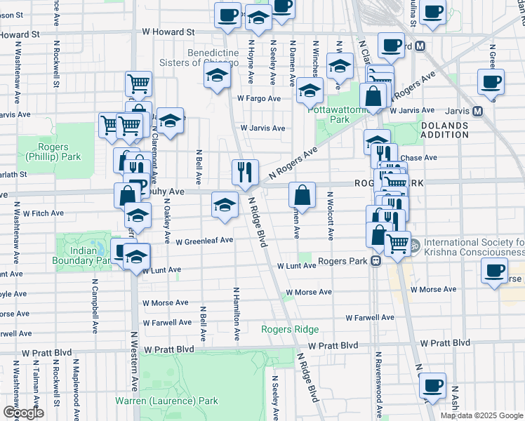 map of restaurants, bars, coffee shops, grocery stores, and more near 7115 North Ridge Boulevard in Chicago