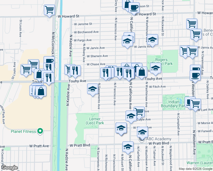 map of restaurants, bars, coffee shops, grocery stores, and more near 2941A West Touhy Avenue in Chicago