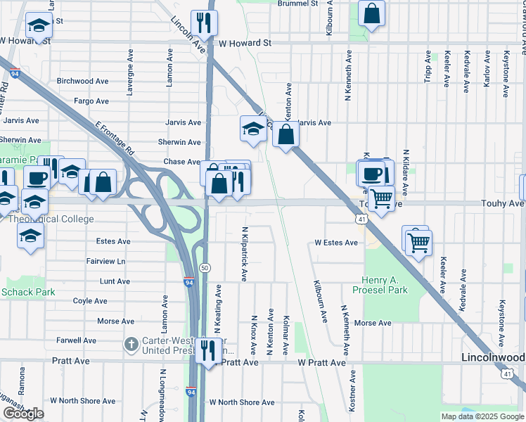 map of restaurants, bars, coffee shops, grocery stores, and more near 4640 West Touhy Avenue in Lincolnwood
