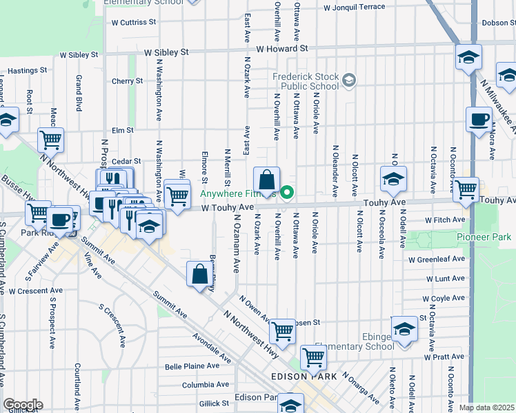 map of restaurants, bars, coffee shops, grocery stores, and more near 19 East Avenue in Park Ridge