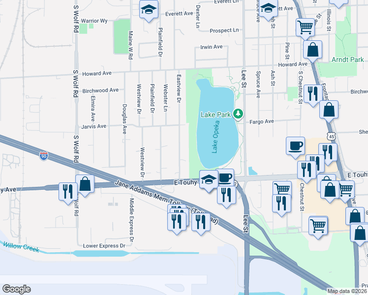 map of restaurants, bars, coffee shops, grocery stores, and more near 2239 Eastview Drive in Des Plaines