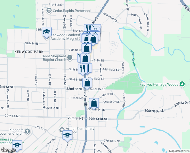 map of restaurants, bars, coffee shops, grocery stores, and more near 135 34th Street Drive Southeast in Cedar Rapids