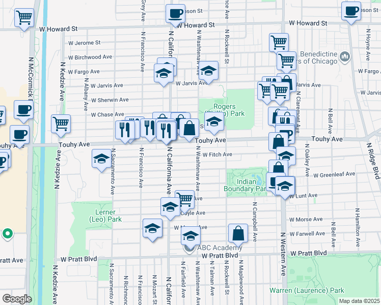 map of restaurants, bars, coffee shops, grocery stores, and more near 2640 West Touhy Avenue in Chicago