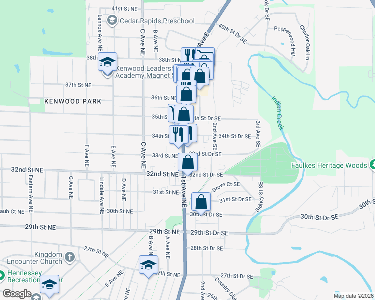 map of restaurants, bars, coffee shops, grocery stores, and more near 3305 U.S. 151 Business in Cedar Rapids