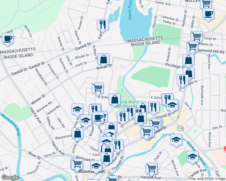 map of restaurants, bars, coffee shops, grocery stores, and more near 25 Laundry Street in Woonsocket