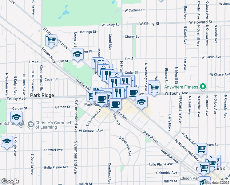 map of restaurants, bars, coffee shops, grocery stores, and more near 50 North Northwest Highway in Park Ridge