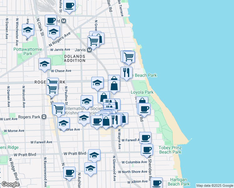map of restaurants, bars, coffee shops, grocery stores, and more near 7107 North Glenwood Avenue in Chicago