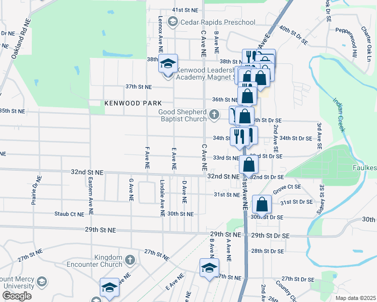 map of restaurants, bars, coffee shops, grocery stores, and more near 425 34th Street Northeast in Cedar Rapids