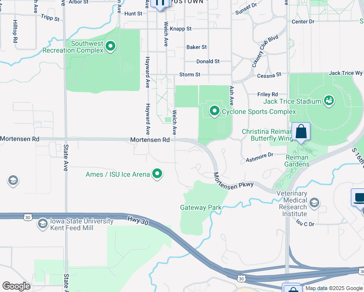 map of restaurants, bars, coffee shops, grocery stores, and more near 2400 Mortensen Road in Ames