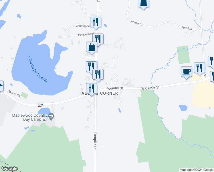 map of restaurants, bars, coffee shops, grocery stores, and more near 41 Foundry Street in Easton