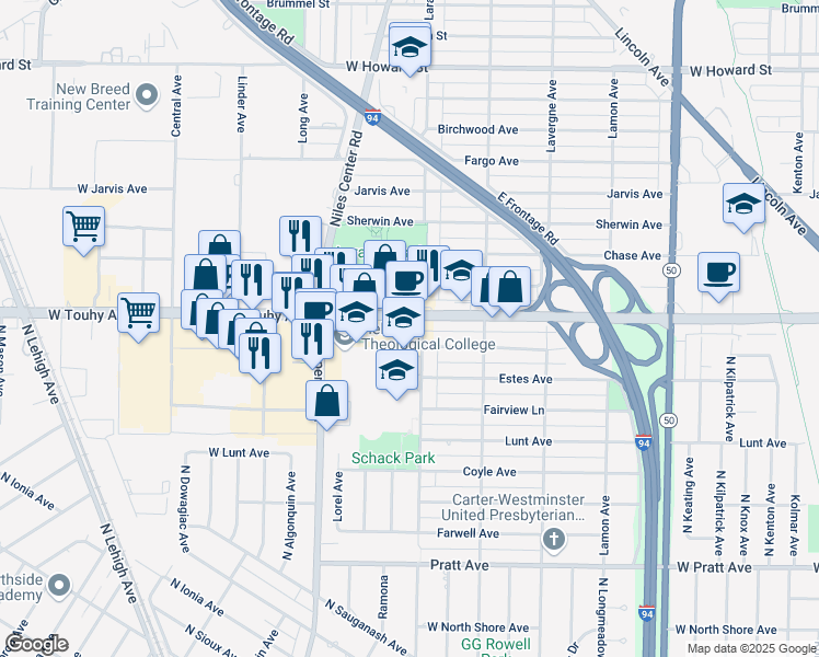 map of restaurants, bars, coffee shops, grocery stores, and more near 5211 Touhy Avenue in Skokie