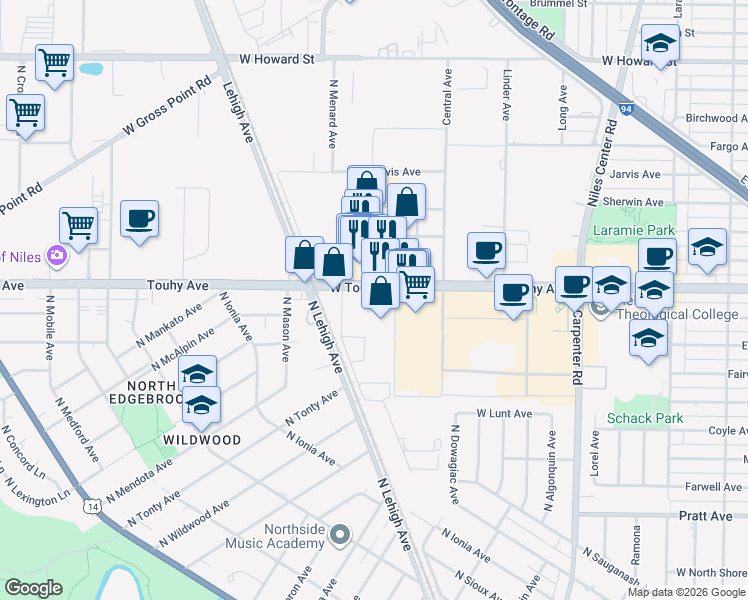 map of restaurants, bars, coffee shops, grocery stores, and more near 5727 West Touhy Avenue in Niles