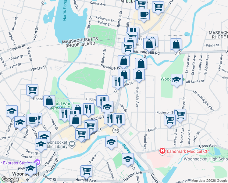 map of restaurants, bars, coffee shops, grocery stores, and more near 76 Chester Street in Woonsocket