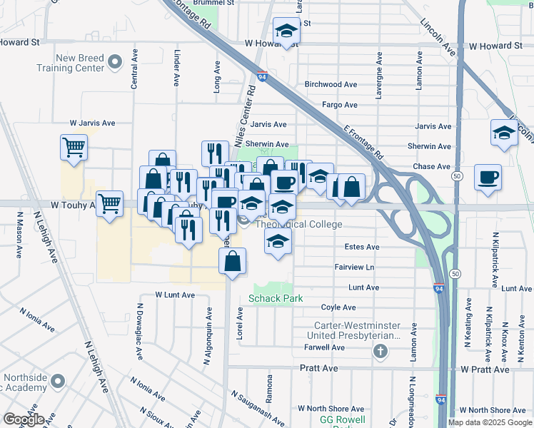 map of restaurants, bars, coffee shops, grocery stores, and more near 5234 West Touhy Avenue in Skokie