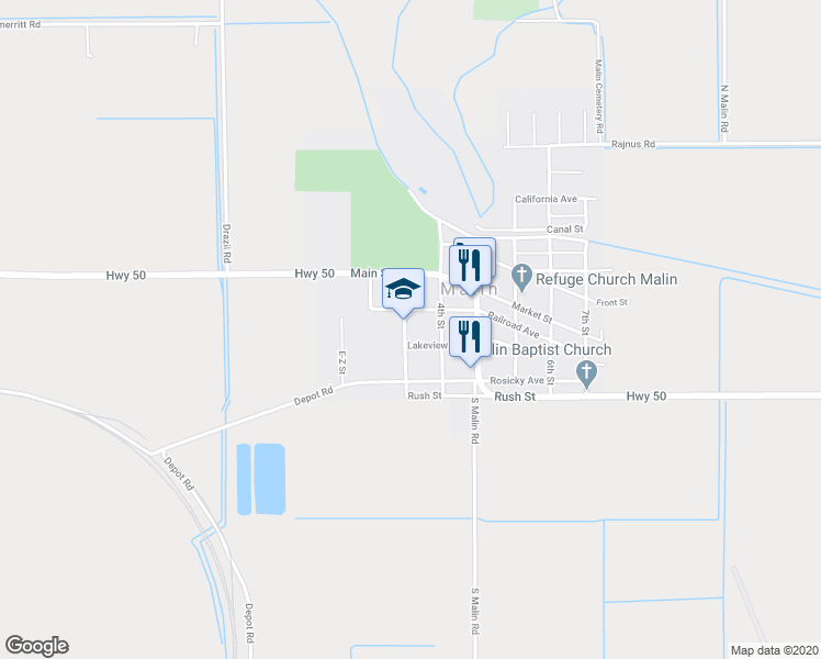 map of restaurants, bars, coffee shops, grocery stores, and more near 2115 Railroad Avenue in Malin