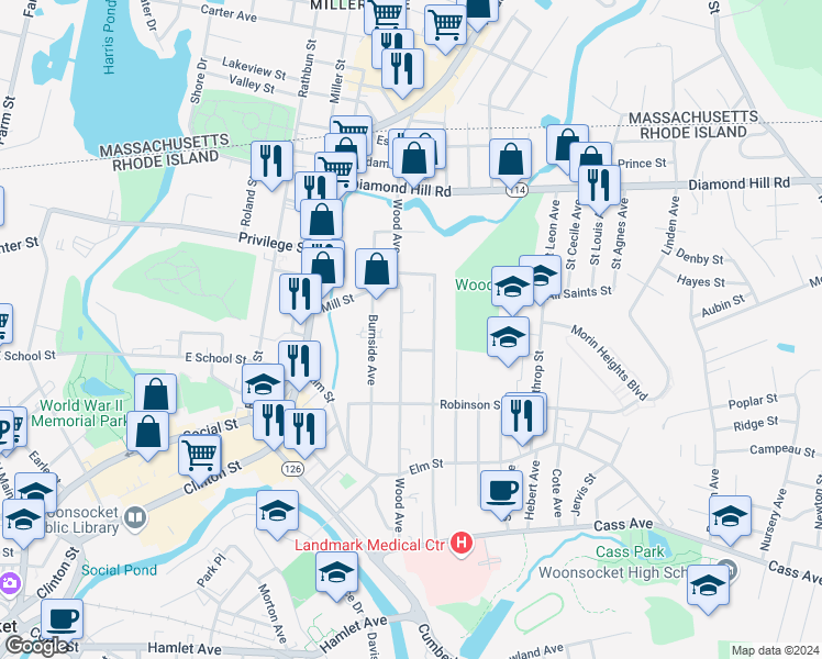 map of restaurants, bars, coffee shops, grocery stores, and more near 477 Wood Avenue in Woonsocket