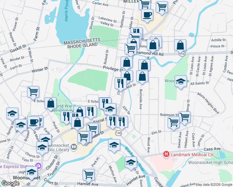 map of restaurants, bars, coffee shops, grocery stores, and more near 76 Chester Street in Woonsocket