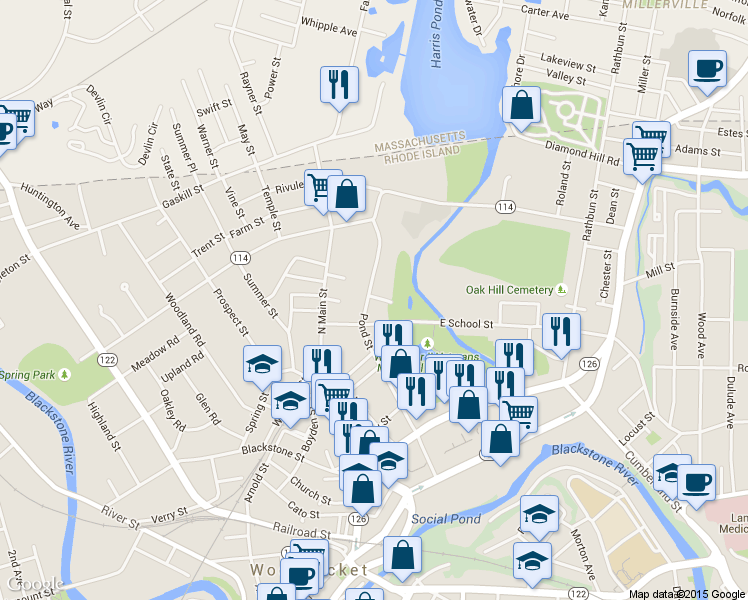 map of restaurants, bars, coffee shops, grocery stores, and more near 485 Pond Street in Woonsocket