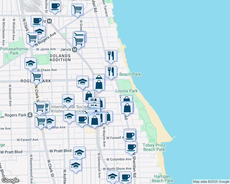 map of restaurants, bars, coffee shops, grocery stores, and more near 7098 North Sheridan Road in Chicago
