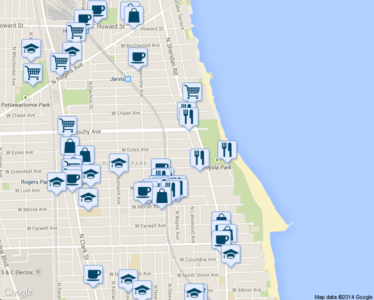 map of restaurants, bars, coffee shops, grocery stores, and more near 1329 West Touhy Avenue in Chicago