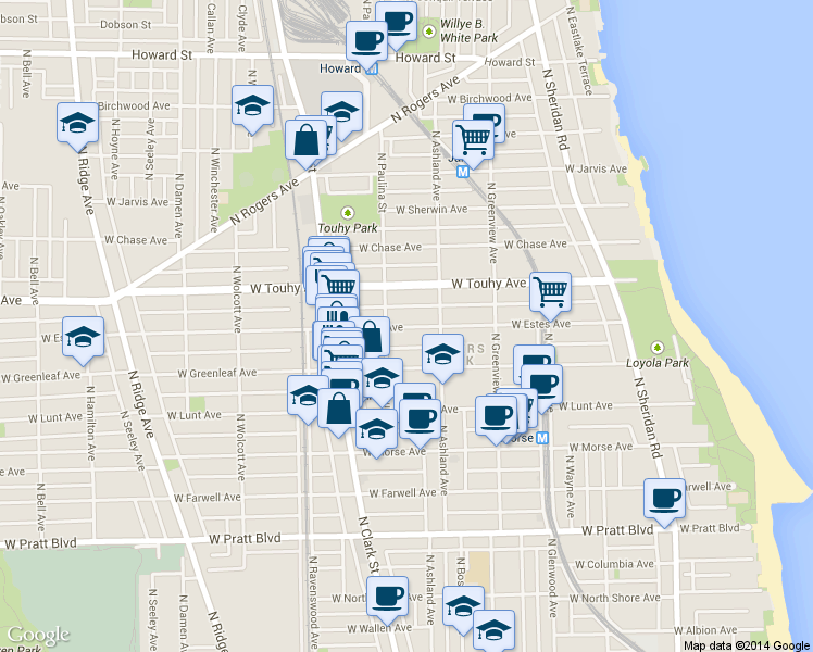 map of restaurants, bars, coffee shops, grocery stores, and more near 7115 North Paulina Street in Chicago