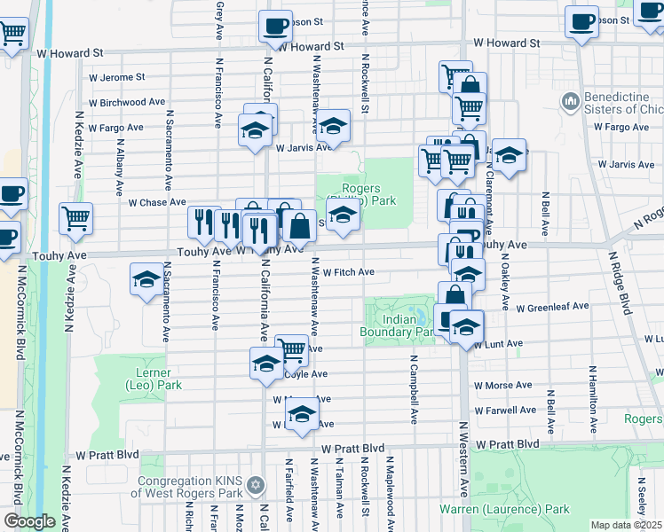 map of restaurants, bars, coffee shops, grocery stores, and more near 2629 West Touhy Avenue in Chicago