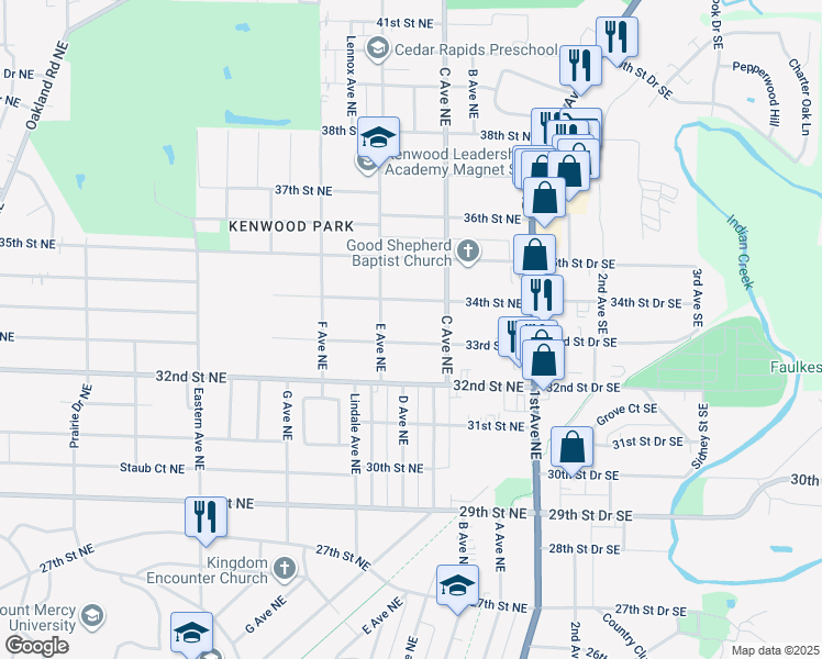 map of restaurants, bars, coffee shops, grocery stores, and more near 425 34th Street Northeast in Cedar Rapids