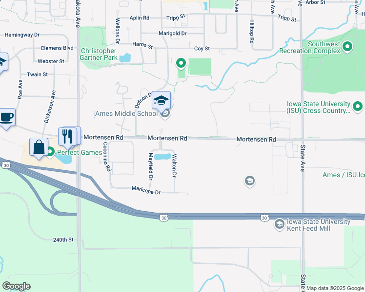 map of restaurants, bars, coffee shops, grocery stores, and more near 1220 Walton Drive in Ames